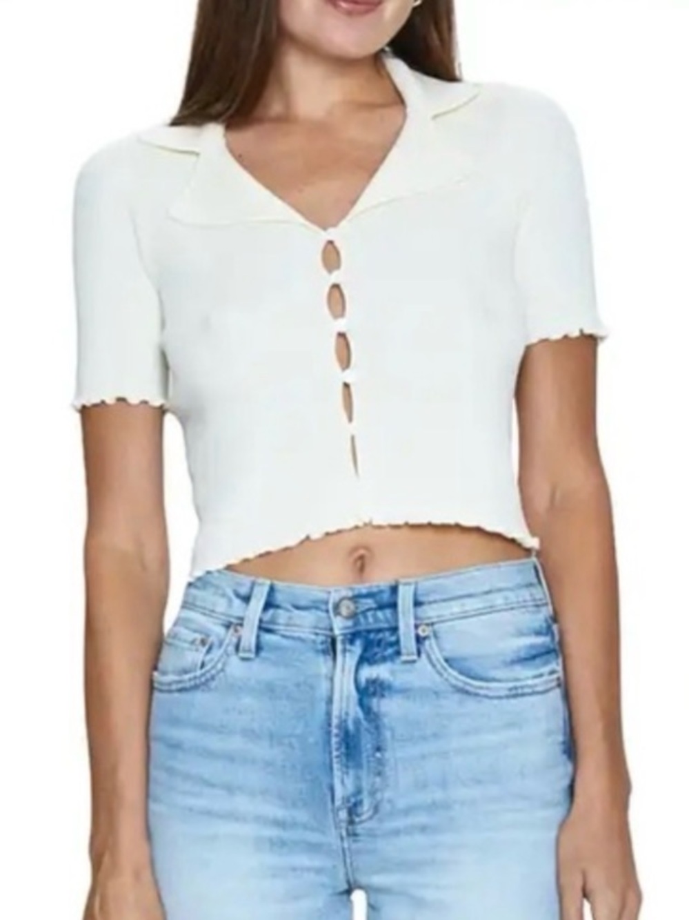 Pistola Cream Ribbed Short-Sleeve Button-Down Top